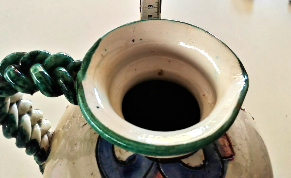 Keramik Krug Vase Blumenmotiv Relief Grün Blau Handbemalt Landhaus Deko B4