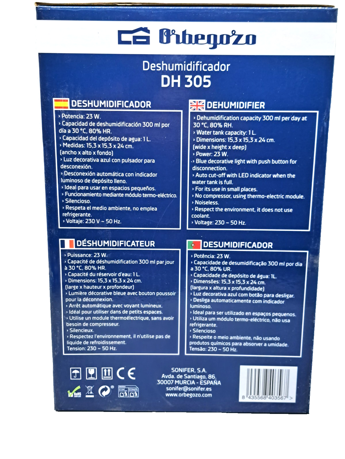 Orbegozo DH305 Luftentfeuchter 1L 300ml/Tag 23W LED leise Raumentfeuchter F3