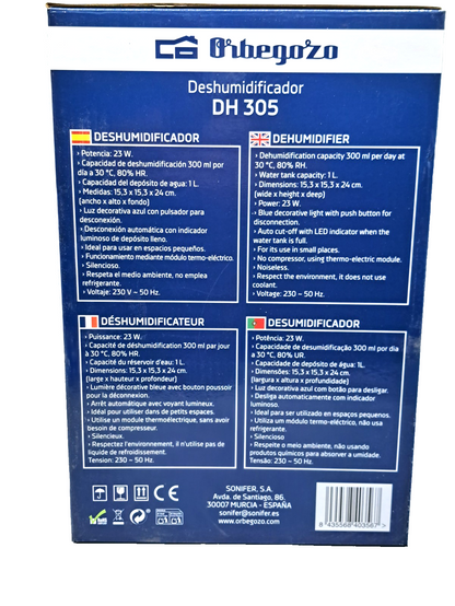 Orbegozo DH305 Luftentfeuchter 1L 300ml/Tag 23W LED leise Raumentfeuchter F3