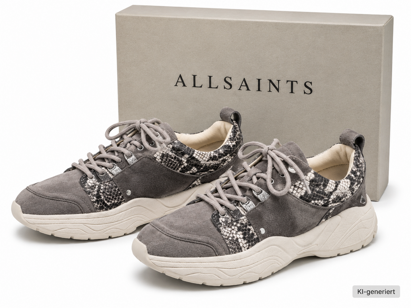 AllSaints Marco Tamaya Damen Sneaker Grau Snake Leder Chunky Schuhe Gr. 41 G1