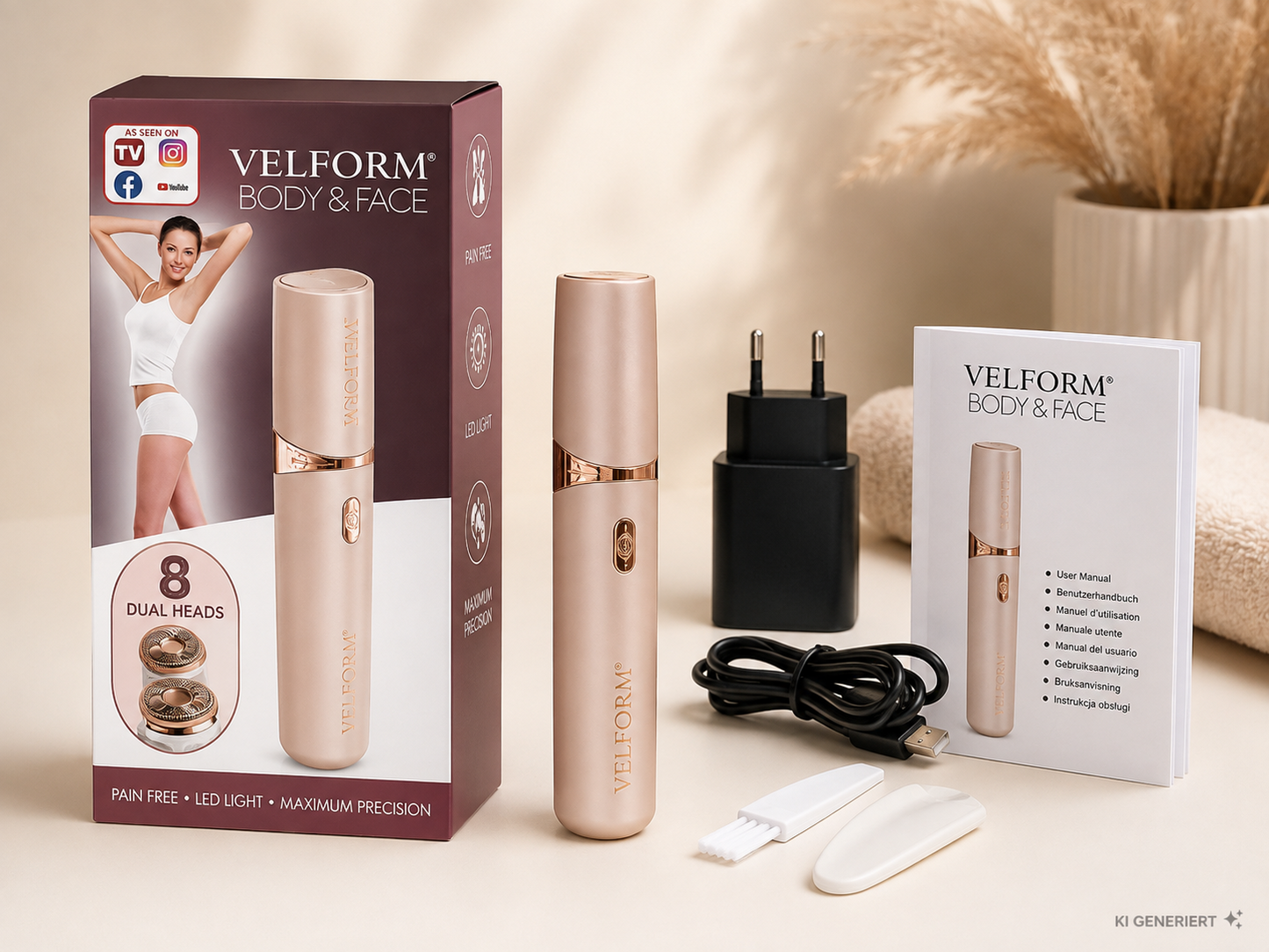 VELFORM Body & Face Epilierer LED Haarentferner Präzision Doppelkopf Beauty C2