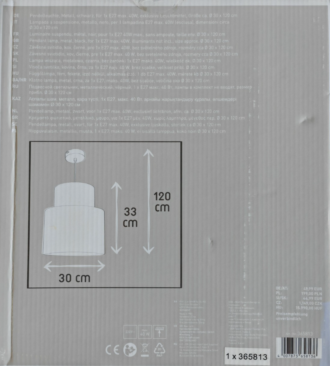 Lux Pendelleuchte Schwarz Ø 30 cm Hängelampe E27 40W Doppelschirm Metall Modern