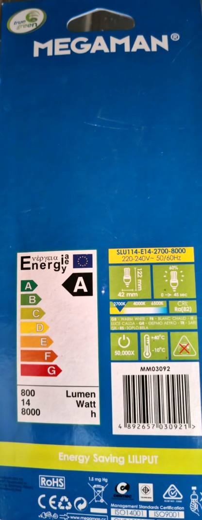 MEGAMAN LILIPUT Energiesparlampe E14 14W Warmweiß 2700K 800lm CFL HA34
