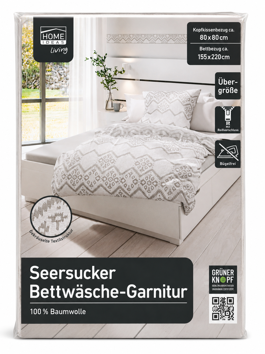 Home Ideas Seersucker Bettwäsche 155x220 80x80 cm Baumwolle Übergröße Grau E4