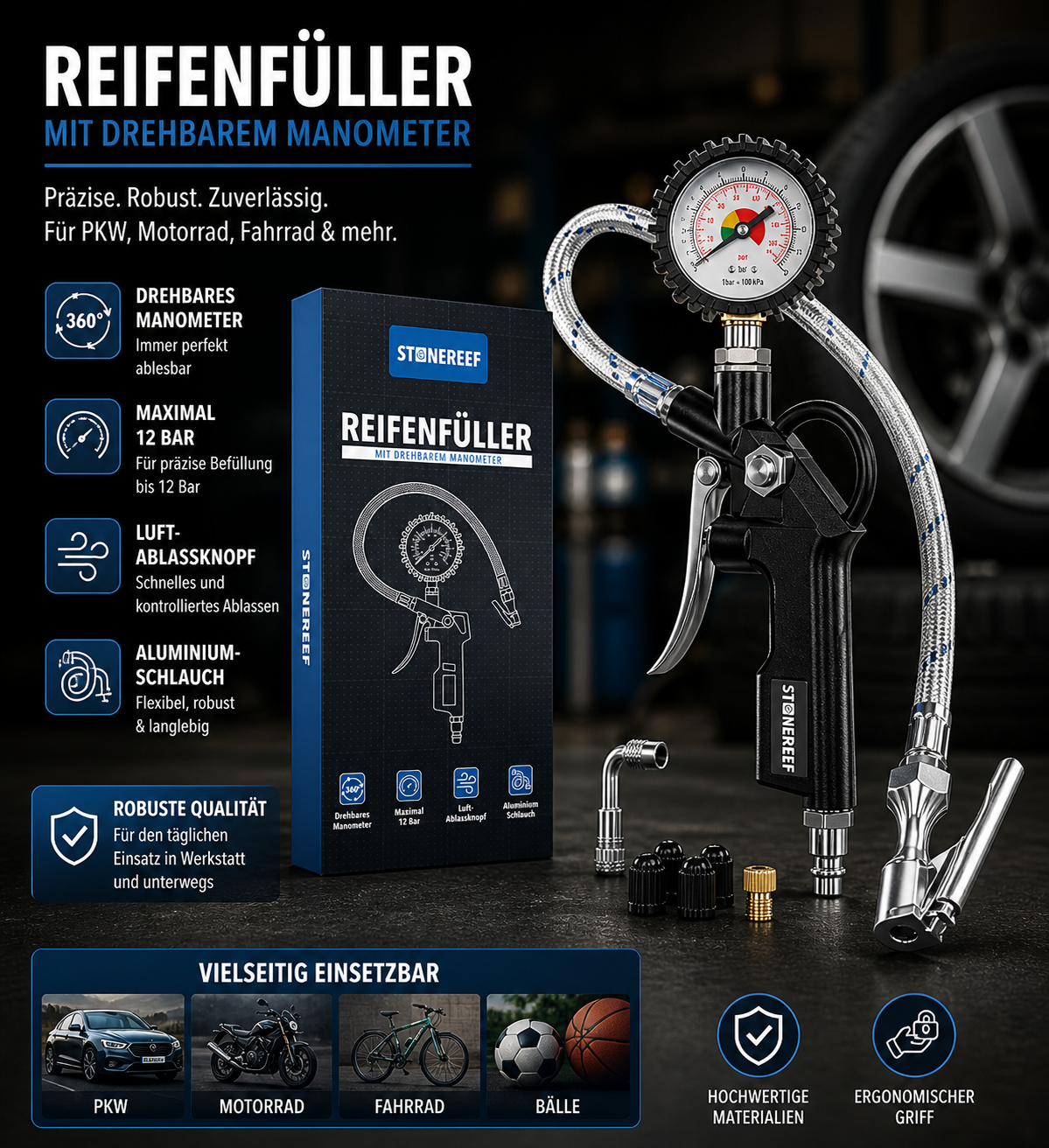 Reifenfüller mit Manometer drehbar Luftdruckprüfer Auto Fahrrad Set