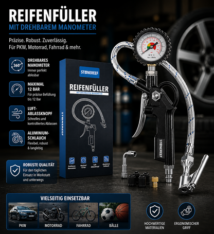 Reifenfüller mit Manometer drehbar Luftdruckprüfer Auto Fahrrad Set