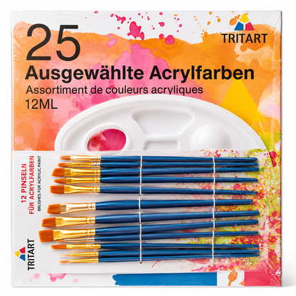 Tritart Acrylfarben Set 25x12ml Künstlerfarben Malset 12 Pinsel Hochwertig D9