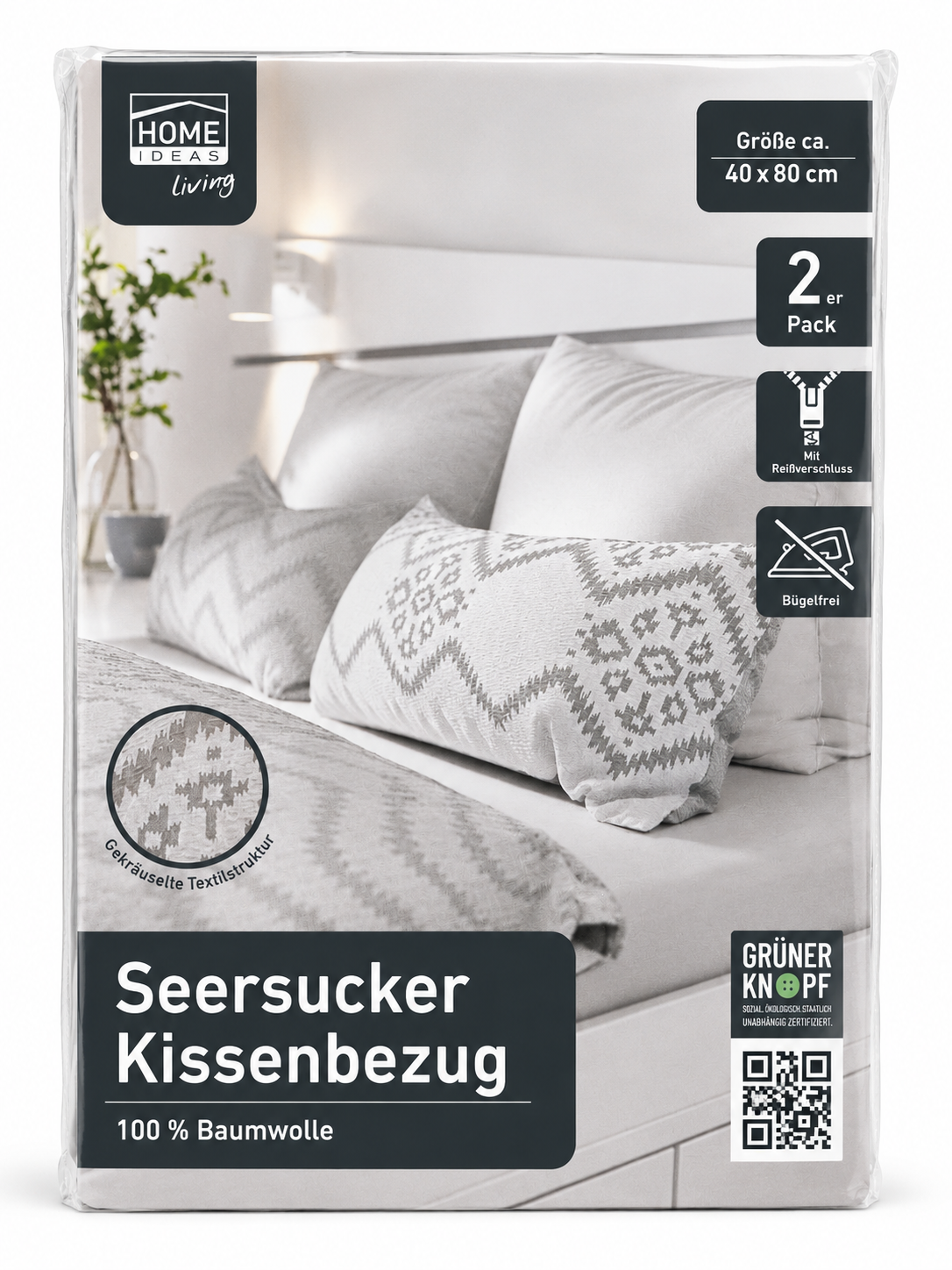 Home Ideas 2x Seersucker Kissenbezug 40x80 cm Baumwolle Reißverschluss Grau E3