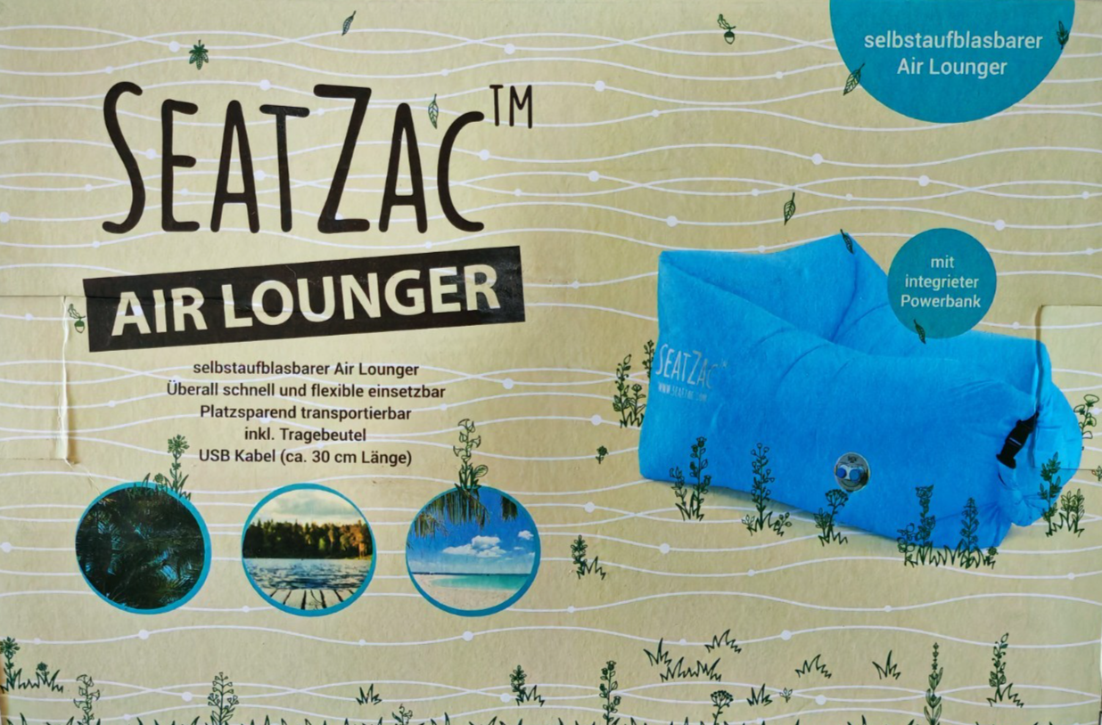 SeatZac Air Lounger Luftsofa Sitzsack selbstaufblasbar + Powerbank Blau