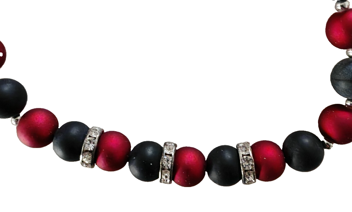 Halskette Damen Rot Schwarz Perlenkette Strass Silberfarben Modeschmuck G3