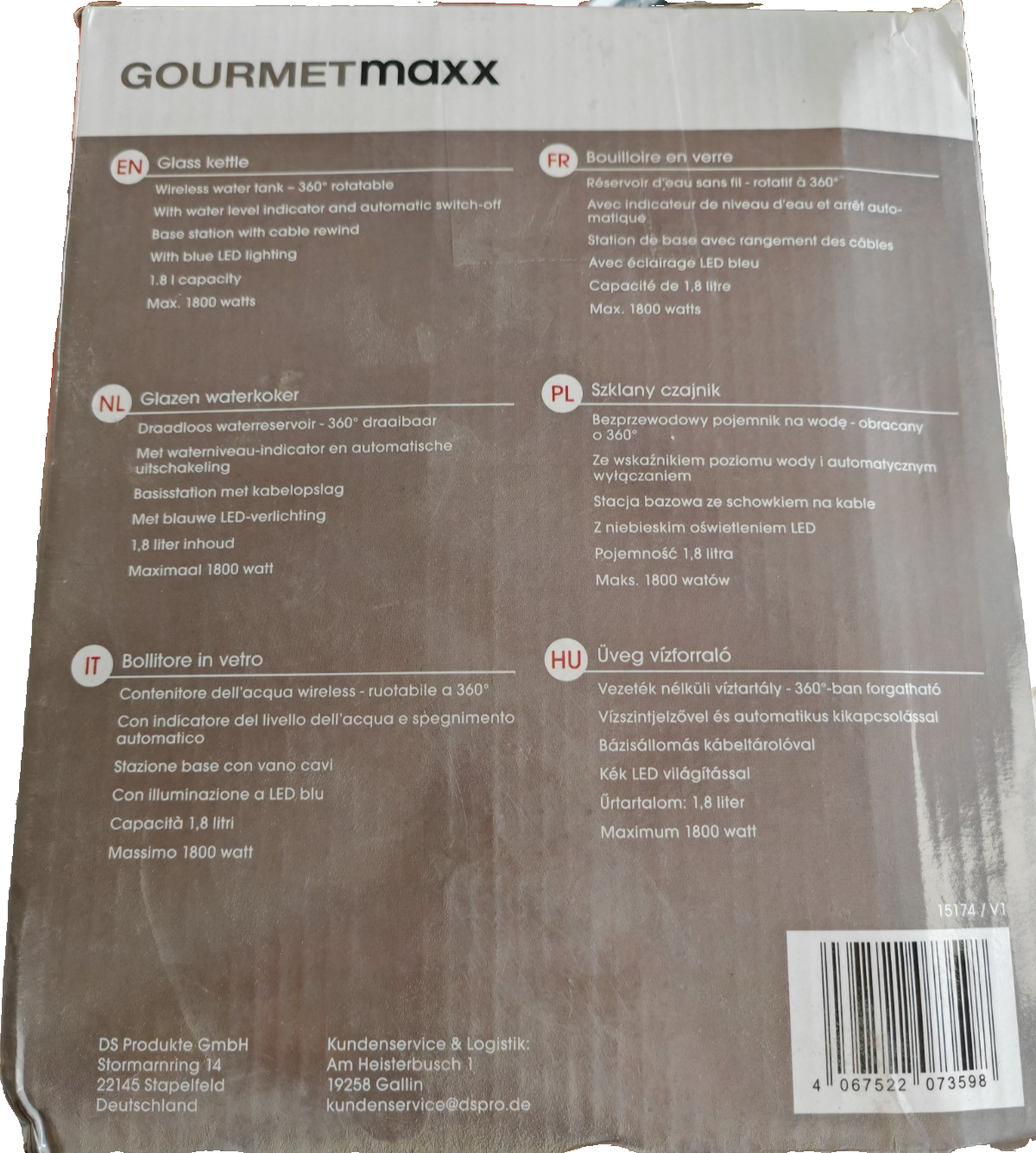 GOURMETmaxx Glas Wasserkocher 1,8L 1800W LED
