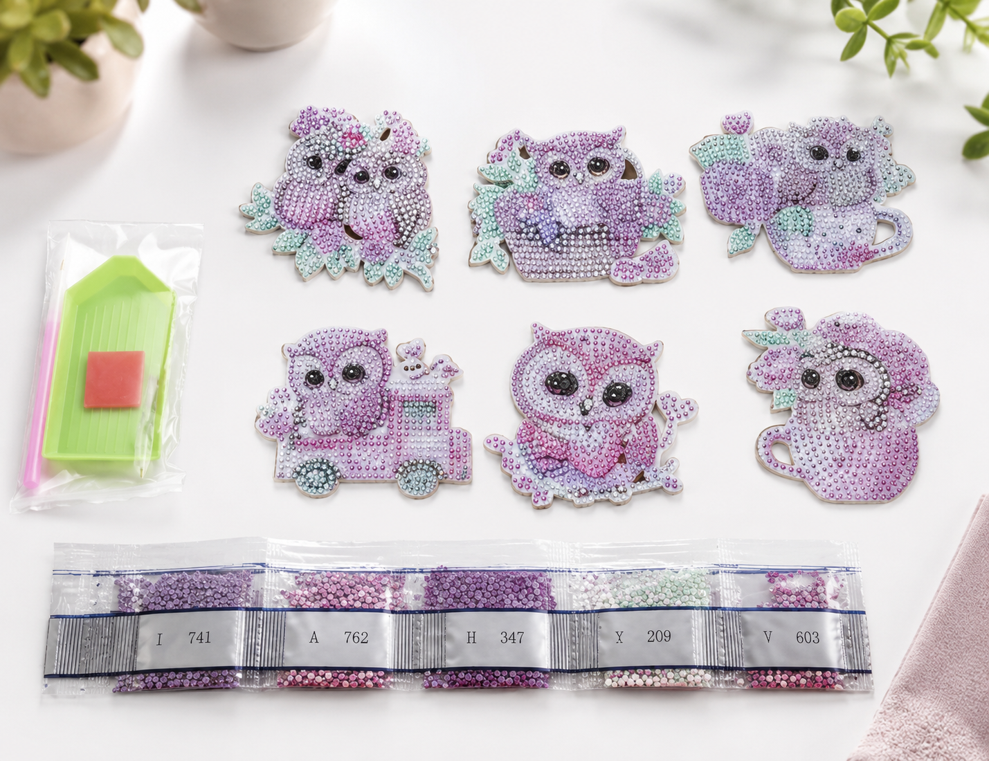 Diamond Painting Schlüsselanhänger 6er Set Eulen Pink Rosa DIY Bastelset D10