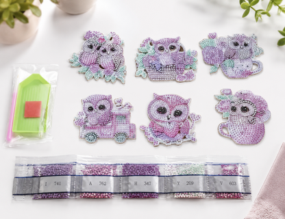 Diamond Painting Schlüsselanhänger 6er Set Eulen Pink Rosa DIY Bastelset D10