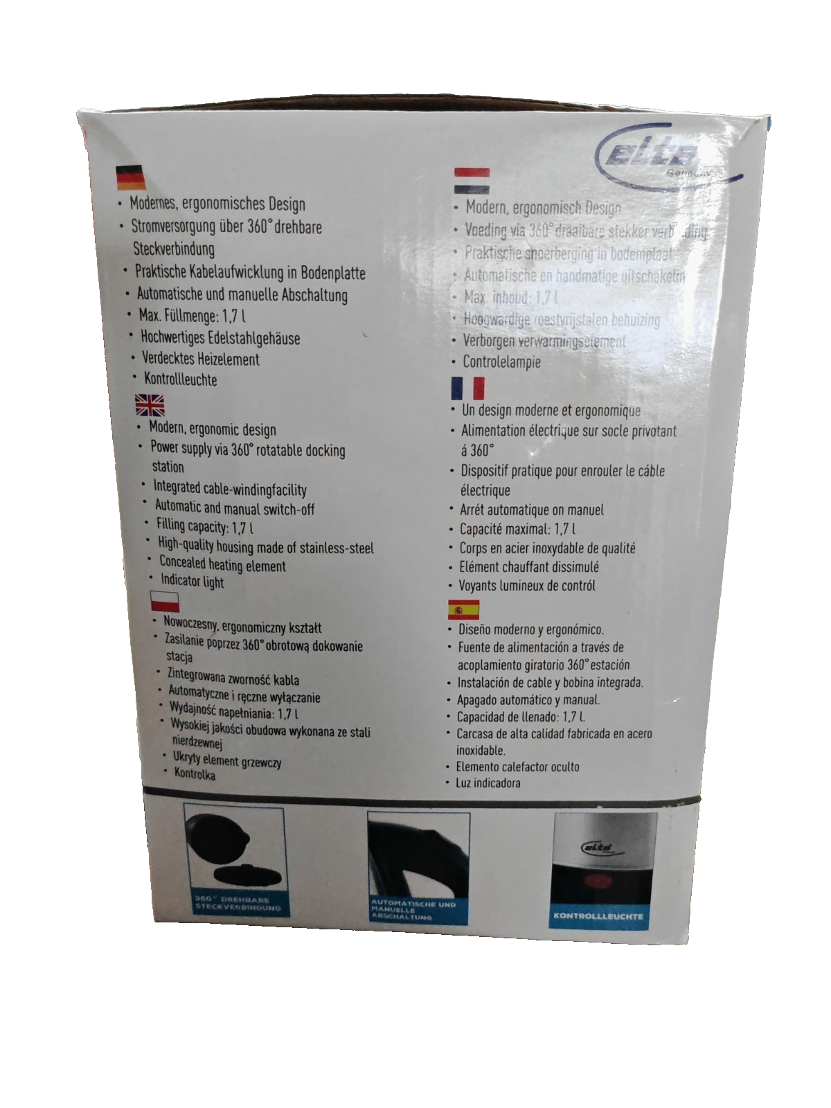 ELTA Edelstahl Wasserkocher 1,7L 2200W 360° Kabellos Abschaltautomatik C3