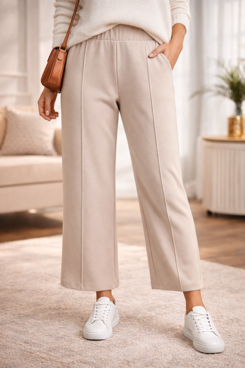Lyla Damen Loungehose Gr. 42 Creme 7/8 Jersey Freizeithose Bequem Schlupfhose D3