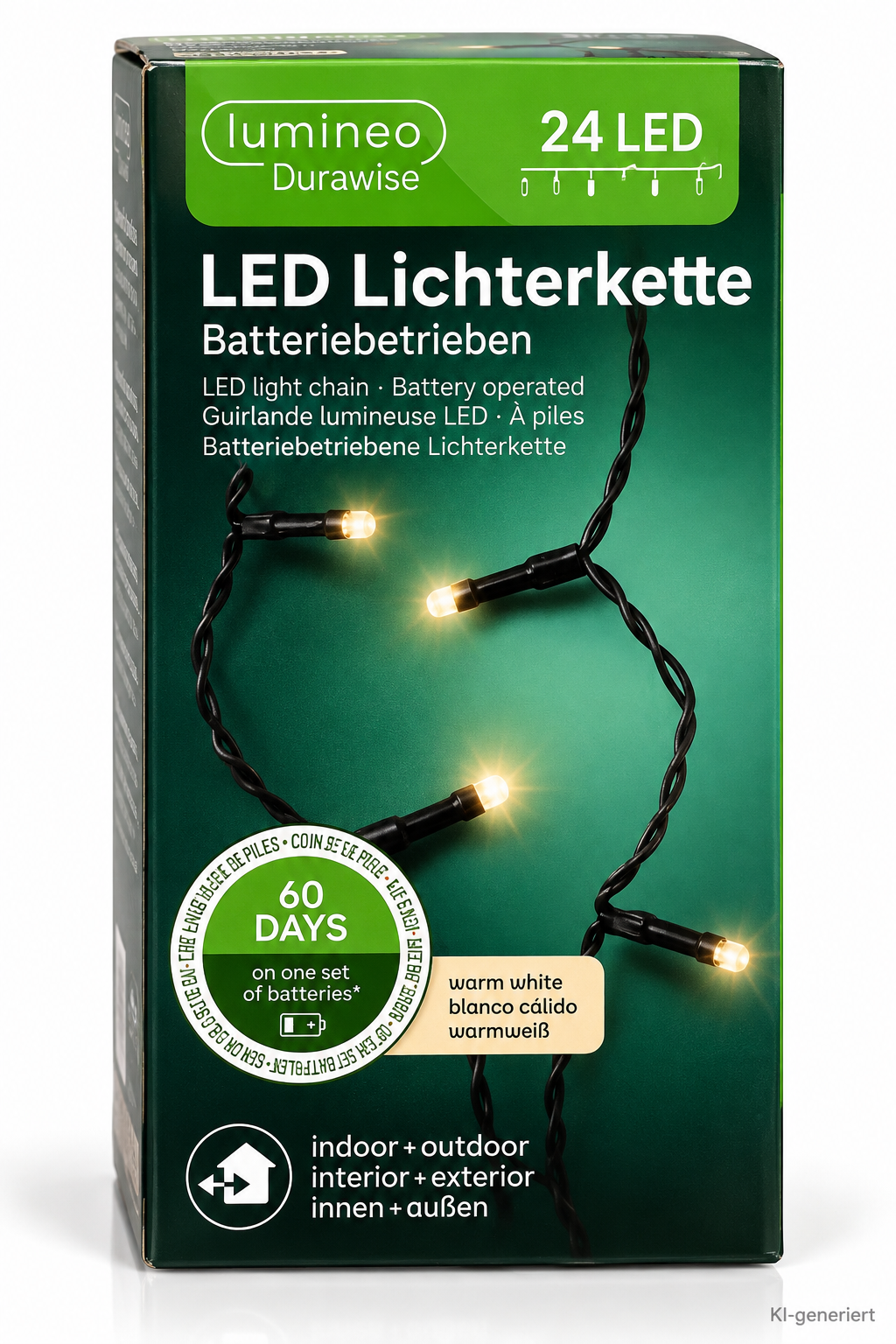 Lumineo Durawise LED Lichterkette 24 LED Warmweiß 1,7m Timer Batterie IP44 HA34