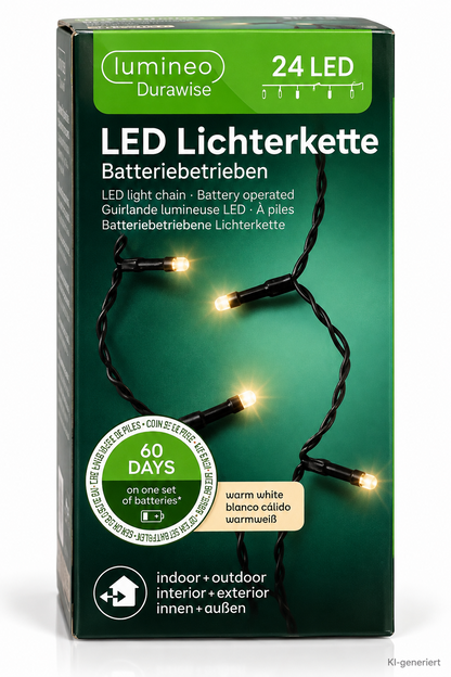 Lumineo Durawise LED Lichterkette 24 LED Warmweiß 1,7m Timer Batterie IP44 HA34