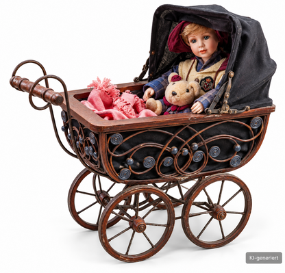 Sammlerpuppe Junge mit Puppenwagen Nostalgie Porzellanpuppe 2 Teddybären