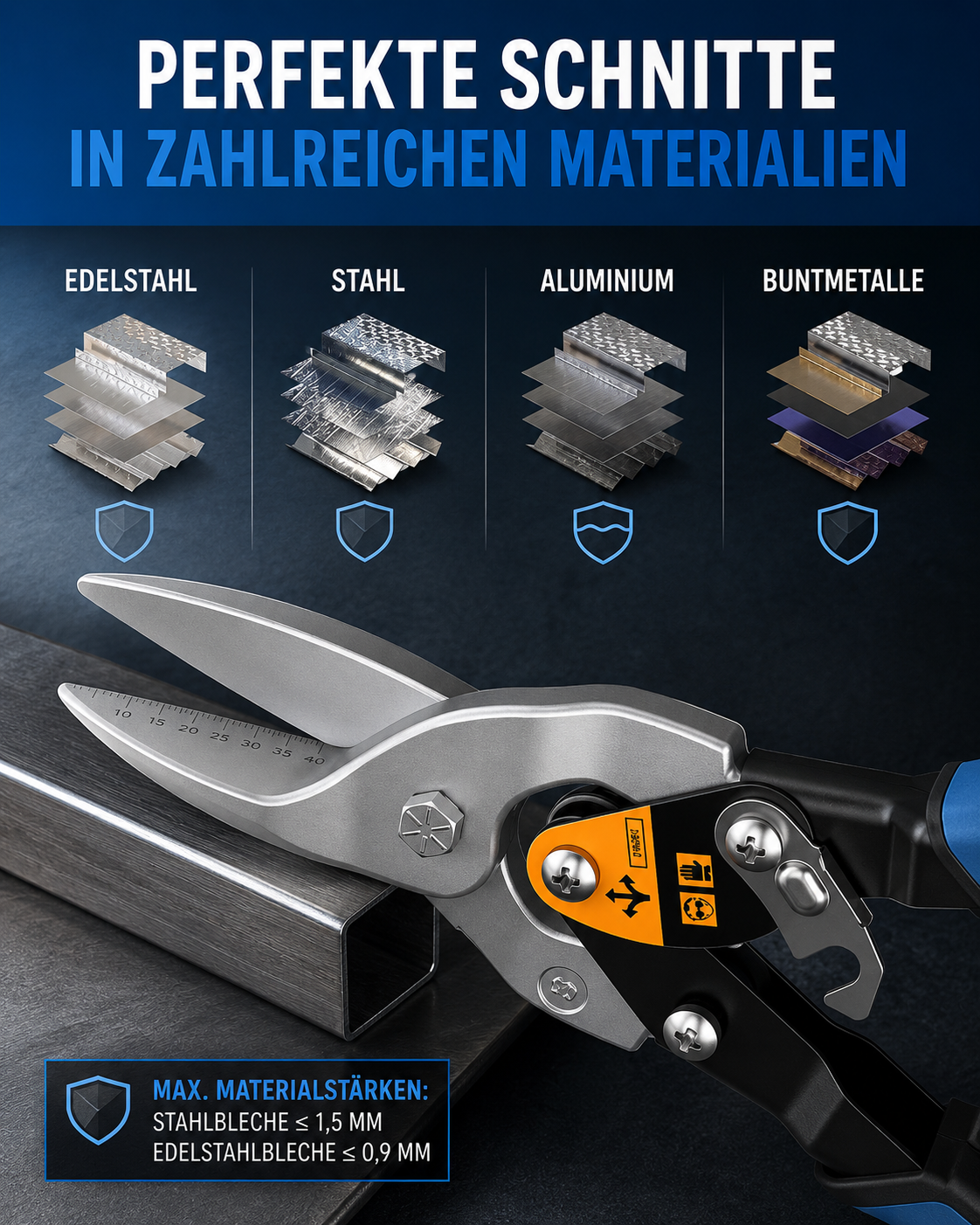 Blechschere gerader Schnitt Millimeterskala Metallschere Blechschneider