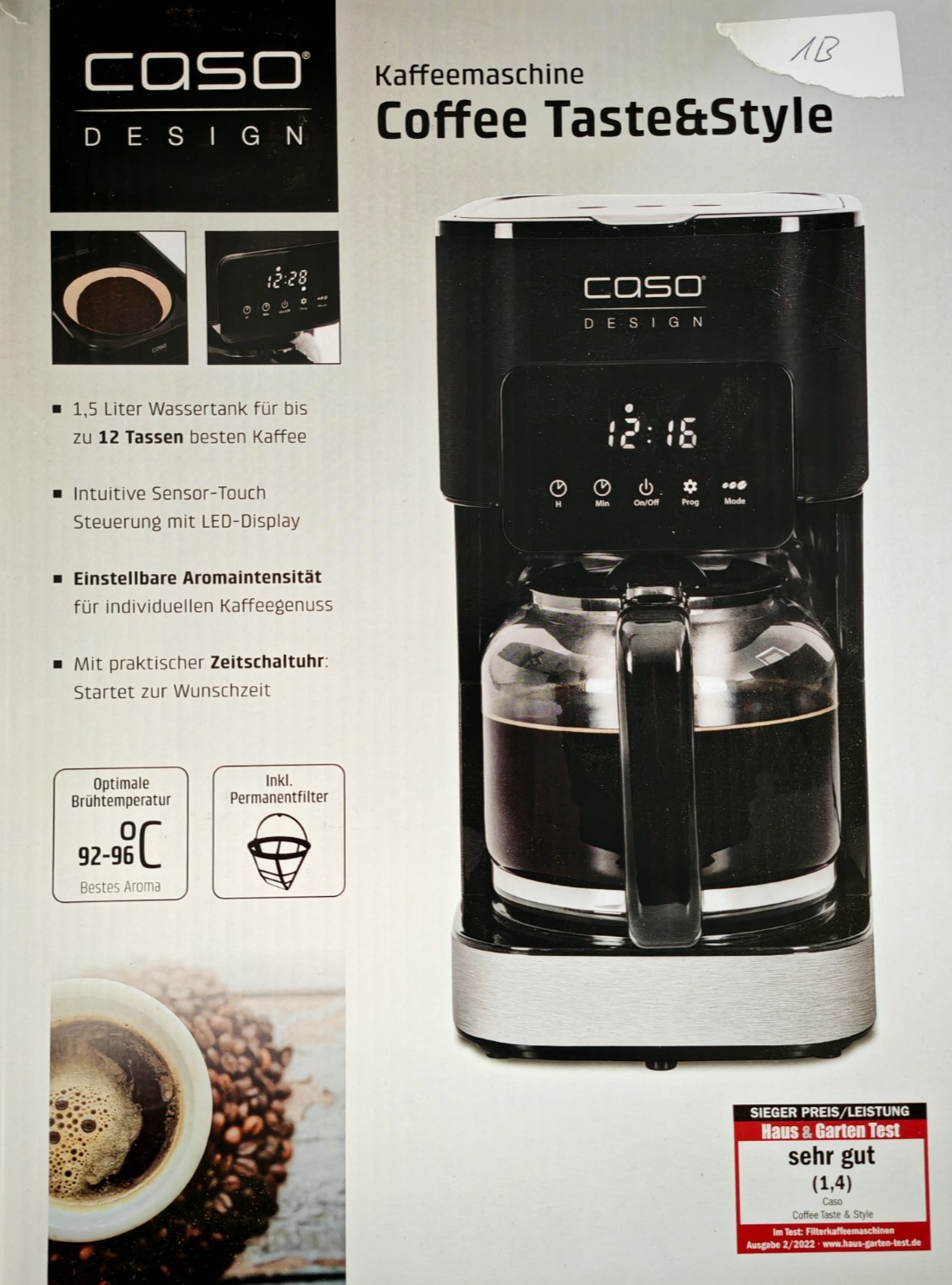 Caso 1846 Filterkaffeemaschine Glaskanne 12 Tassen Timer Aromawahl 1000W C03