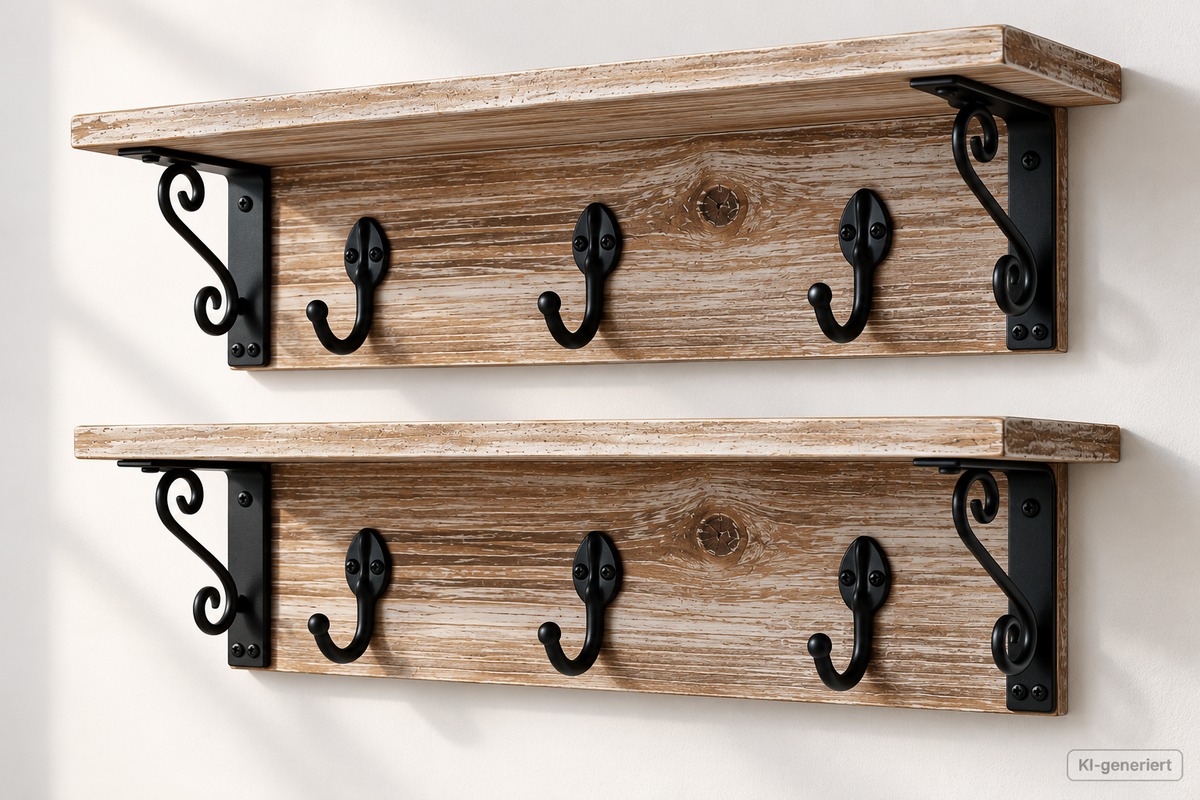 Spiretro S00029 Wandregal 2er Set Holz Garderobe 6 Haken Shabby Landhaus HA1