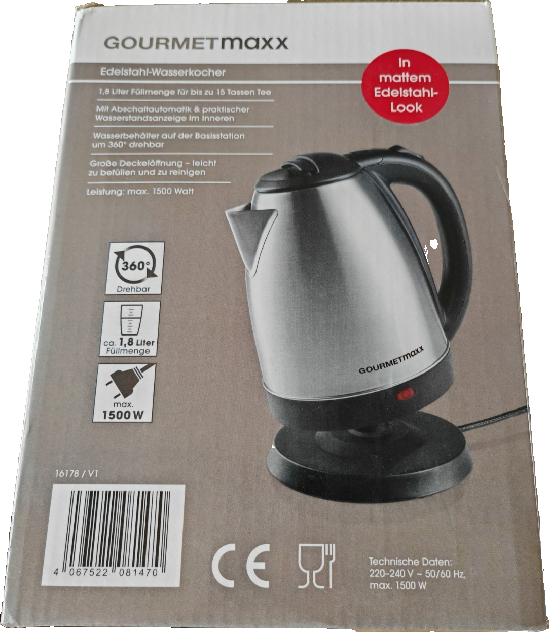 GOURMETmaxx Edelstahl Wasserkocher 1,8L 1500W