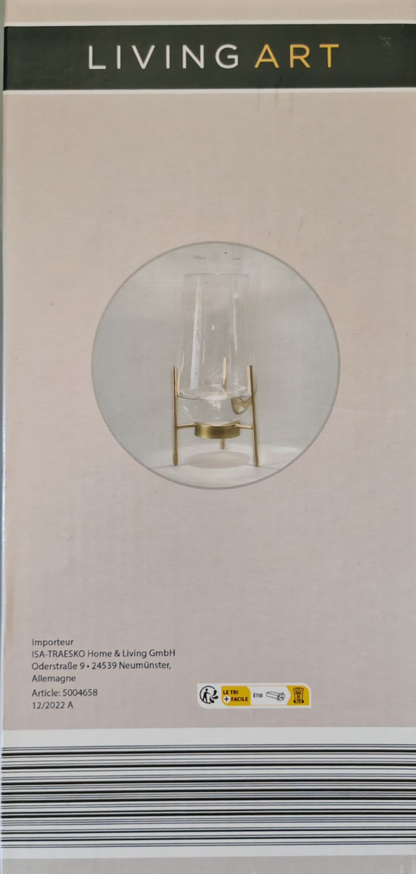 LIVING ART LED Glasvase 29cm Gold Metallständer Timer Deko Blumenvase HA33