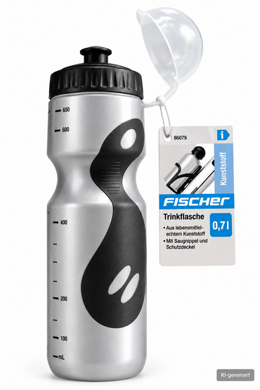 FISCHER Fahrrad Trinkflasche 0,7L Silber Schwarz Sportflasche Schutzdeckel E4