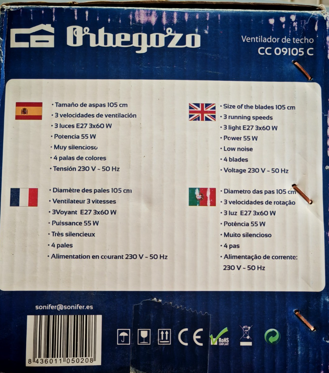 Orbegozo CC09105C Deckenventilator 105cm Ventilator Bunt Sommer Kühlung HO-A14
