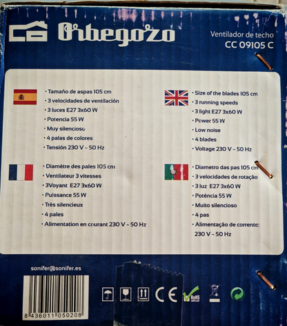 Orbegozo CC09105C Deckenventilator 105cm Ventilator Bunt Sommer Kühlung HO-A14