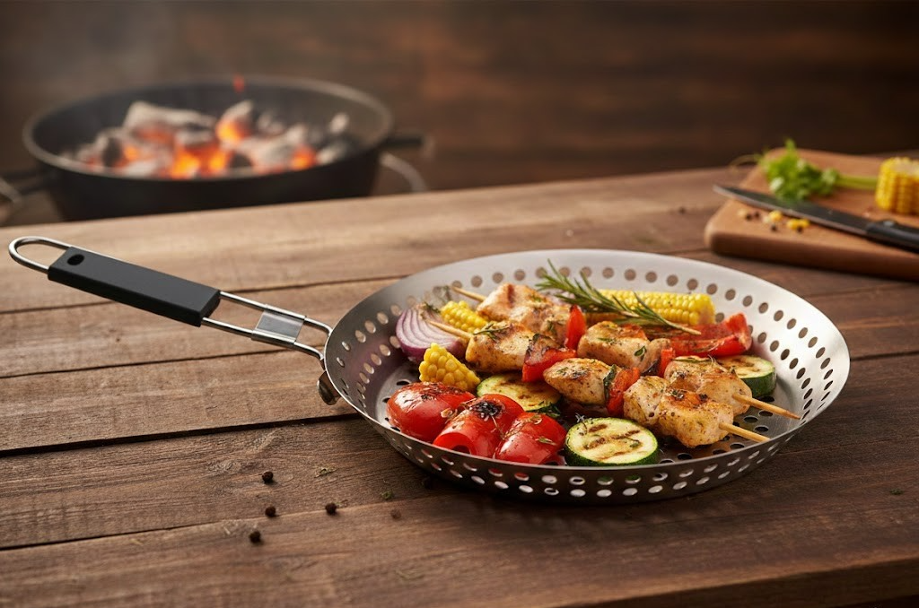 DR Home Division Grillpfanne gelocht 30 cm Edelstahl mit Klappgriff BBQ
