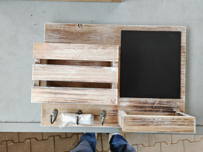 DUCIHBA Wandorganizer Holz Grau Schlüsselbrett 3 Haken Kreidetafel Ablage HA1