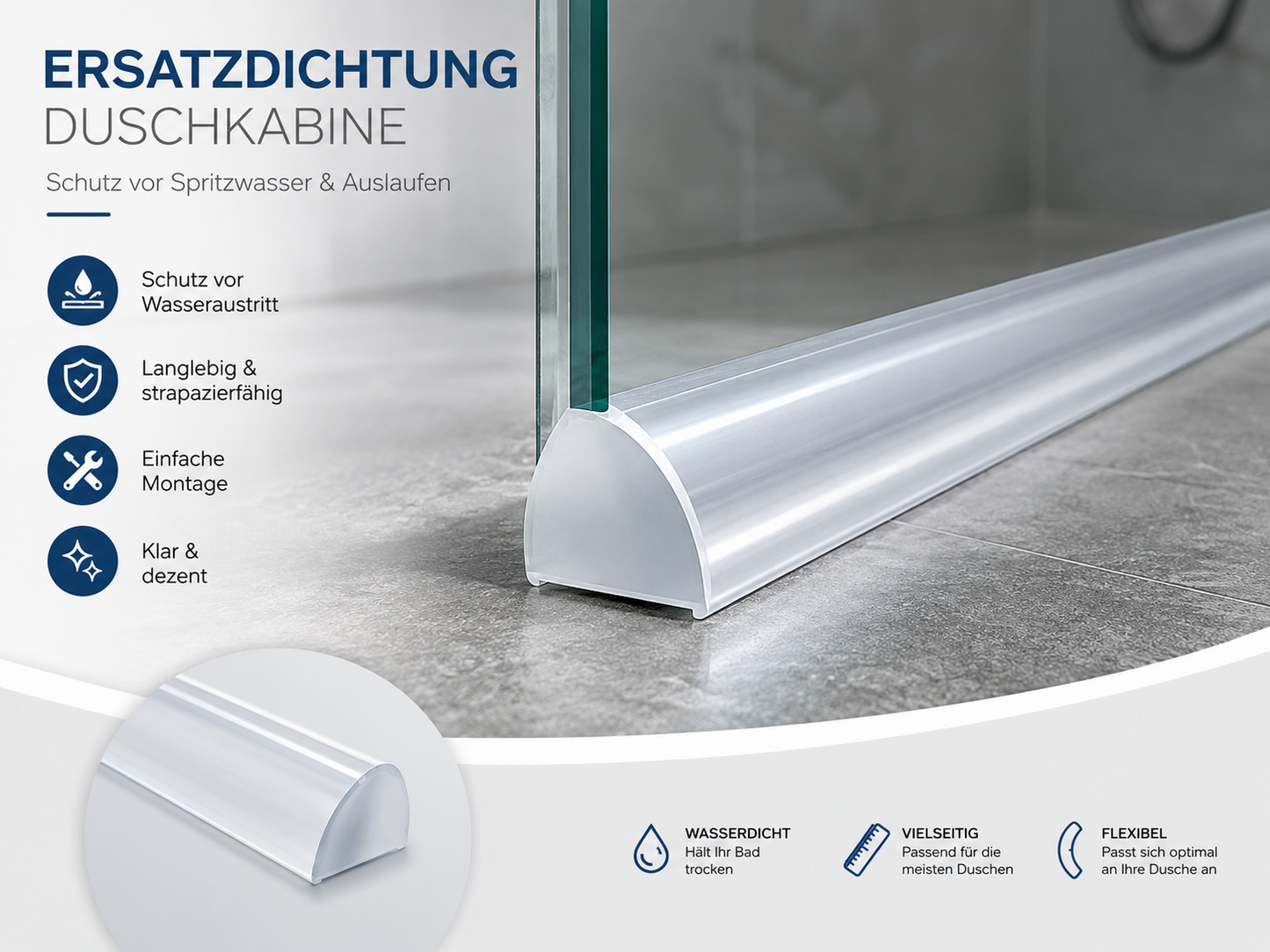 Navaris Duschdichtung 100cm Dichtleiste Duschtür halbrund 10x5mm klar B-02
