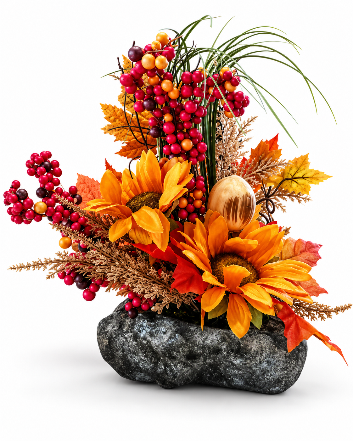 Herbstgesteck Sonnenblumen Kunstblumen Kürbis Beeren Tischdeko Herbst 23 cm D10