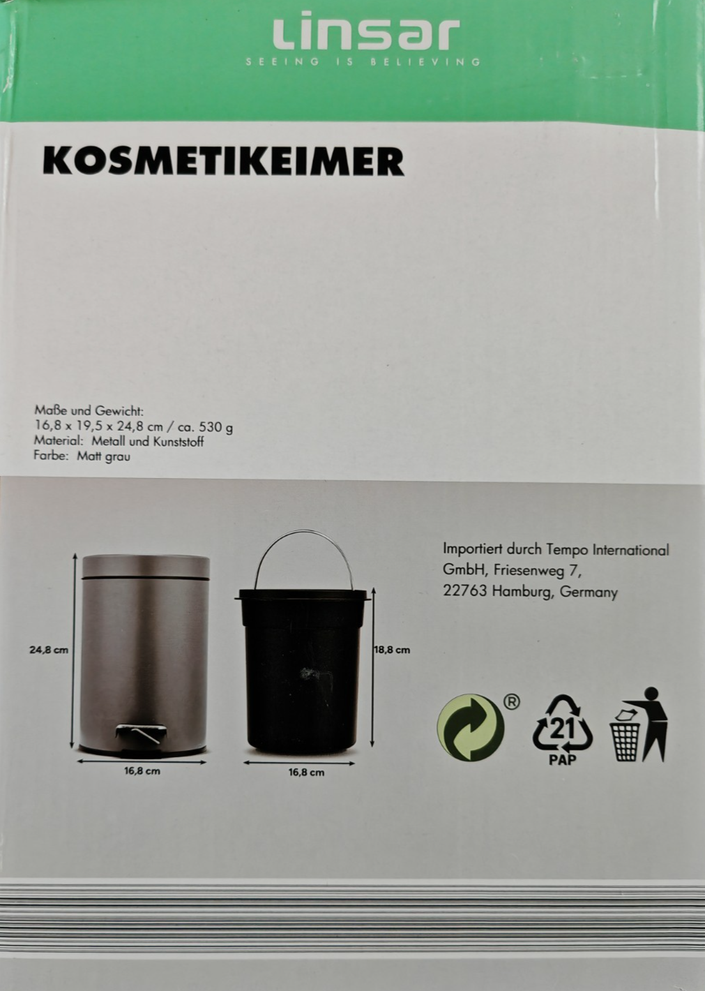 Linsar Kosmetikeimer 3L Grau Tretmülleimer Soft Close Absenkautomatik Bad WC HA6