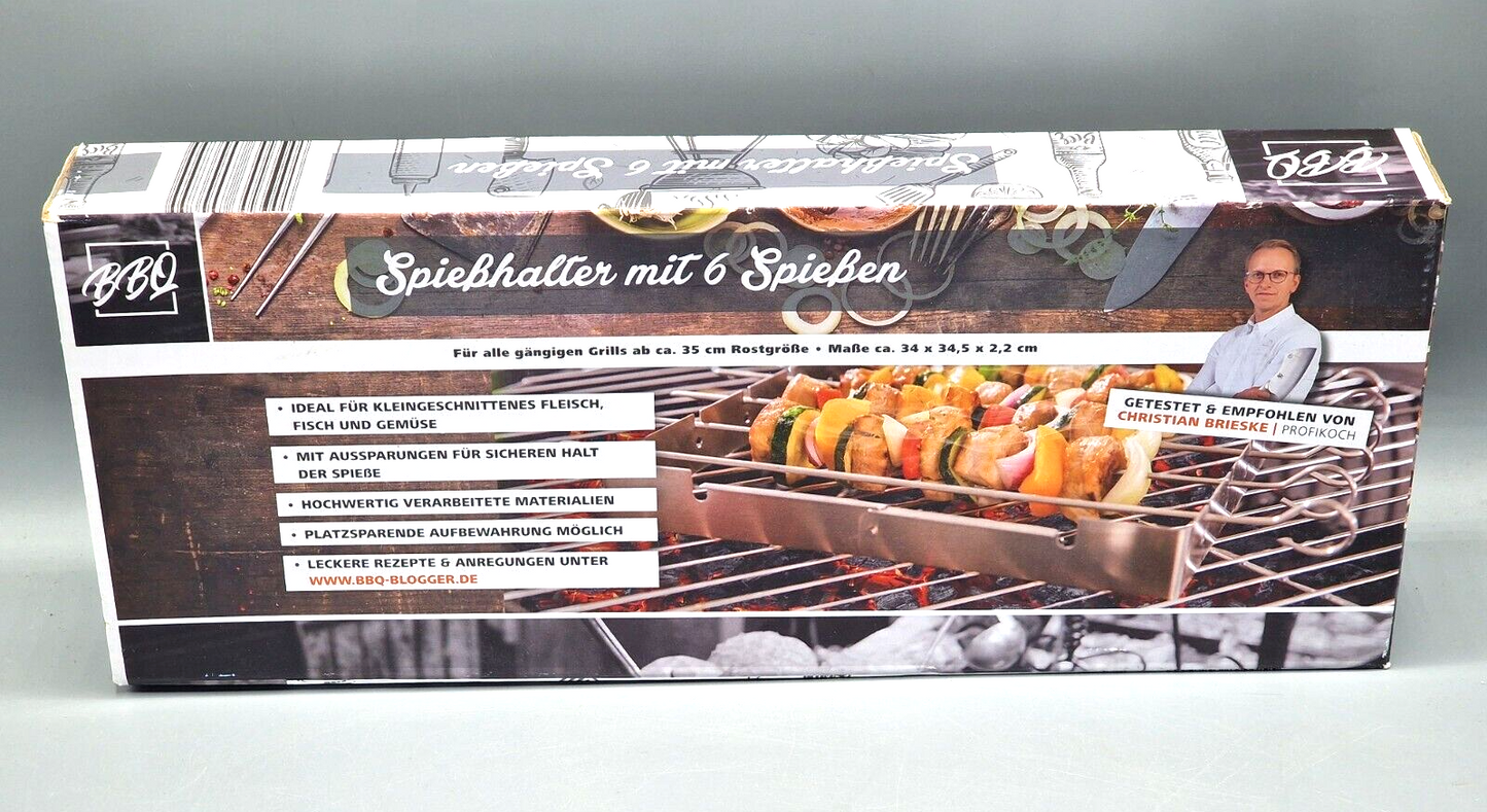 Grillspieß Set Edelstahl – Spießhalter mit 6 Spießen BBQ