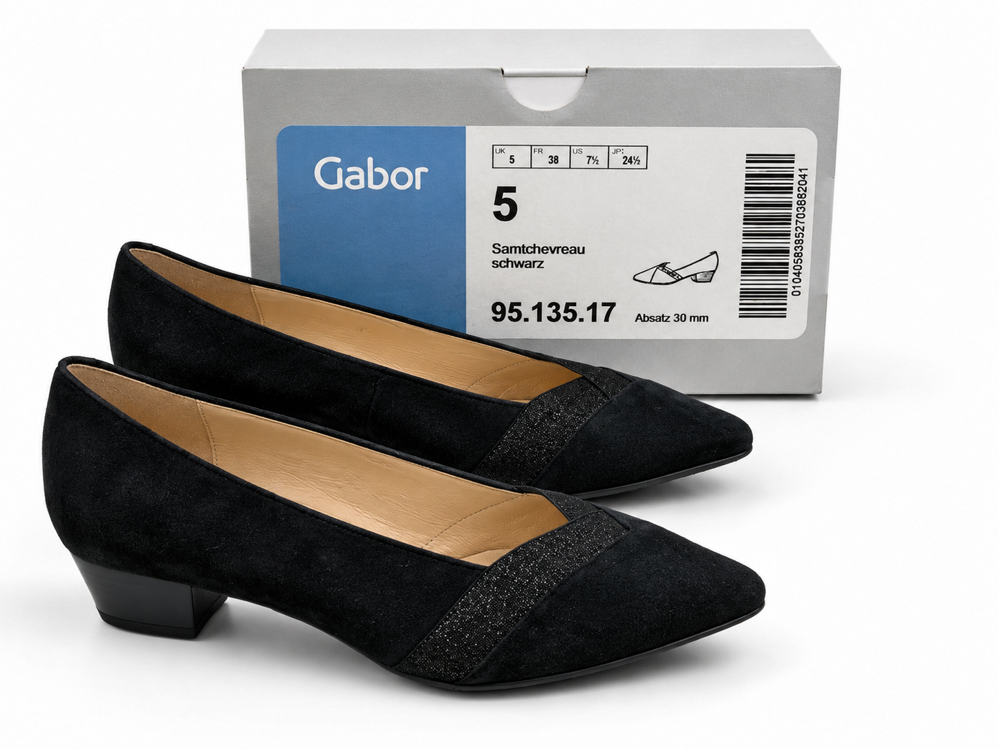 Gabor Damen Pumps Schwarz Samtchevreau Leder Gr. 38 Blockabsatz 3 cm Elegant G1