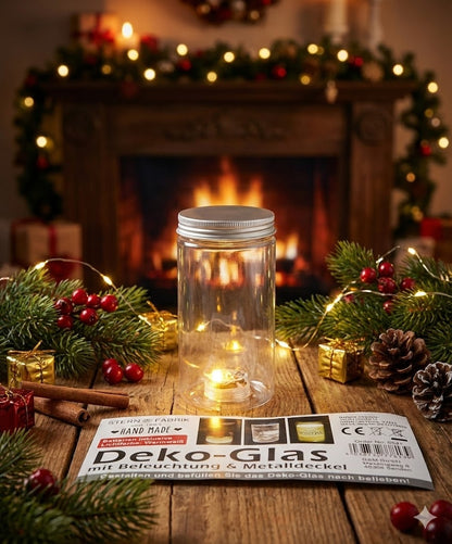 Handmade Deko-Glas 3er Set – beleuchtet, Metalldeckel, Stern Fabrik