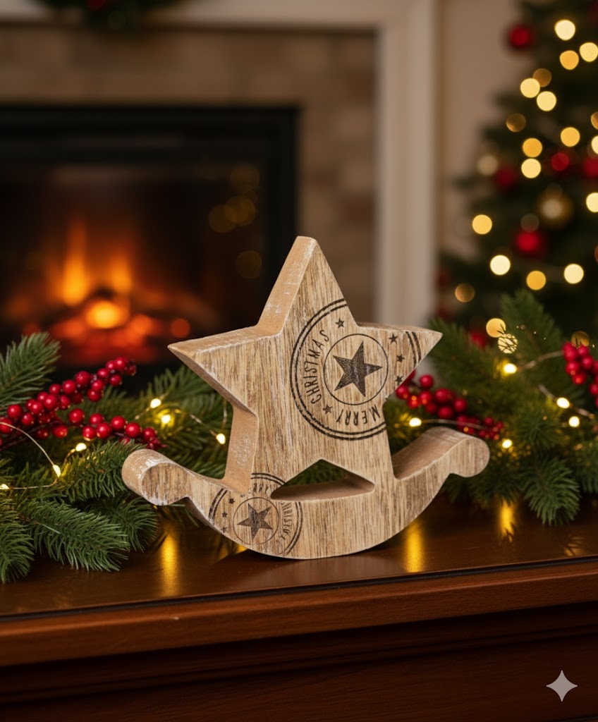 O’Malley Holzdeko 18x15 cm – Stern mit Schlitten, liebevolle Winterdekoration