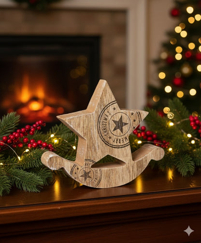 O’Malley Holzdeko 18x15 cm – Stern mit Schlitten, liebevolle Winterdekoration