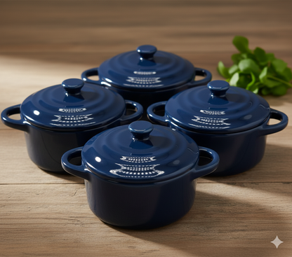 Keramik Auflaufform mit Deckel Ofenfest (4 Stk) - 170 ml Marineblaue Runde Mini