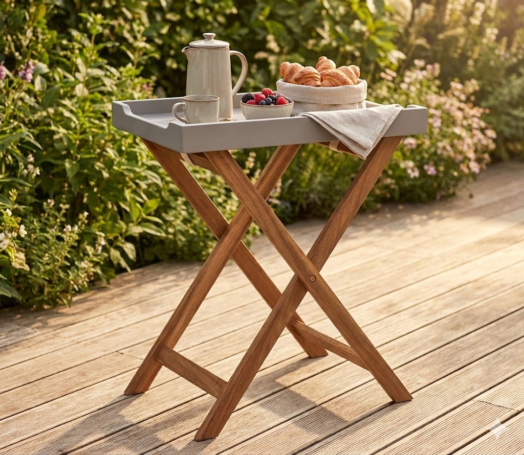 Tchibo Tablettisch Grau-Washed Akazie Gestell MDF Tablett Klapptisch