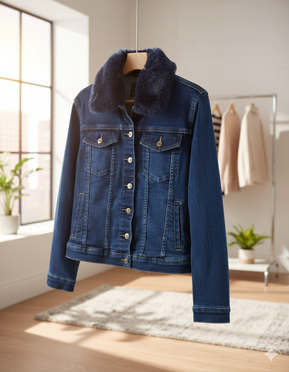 Jeansjacke elastische Ware Fellimitat-Kragen
